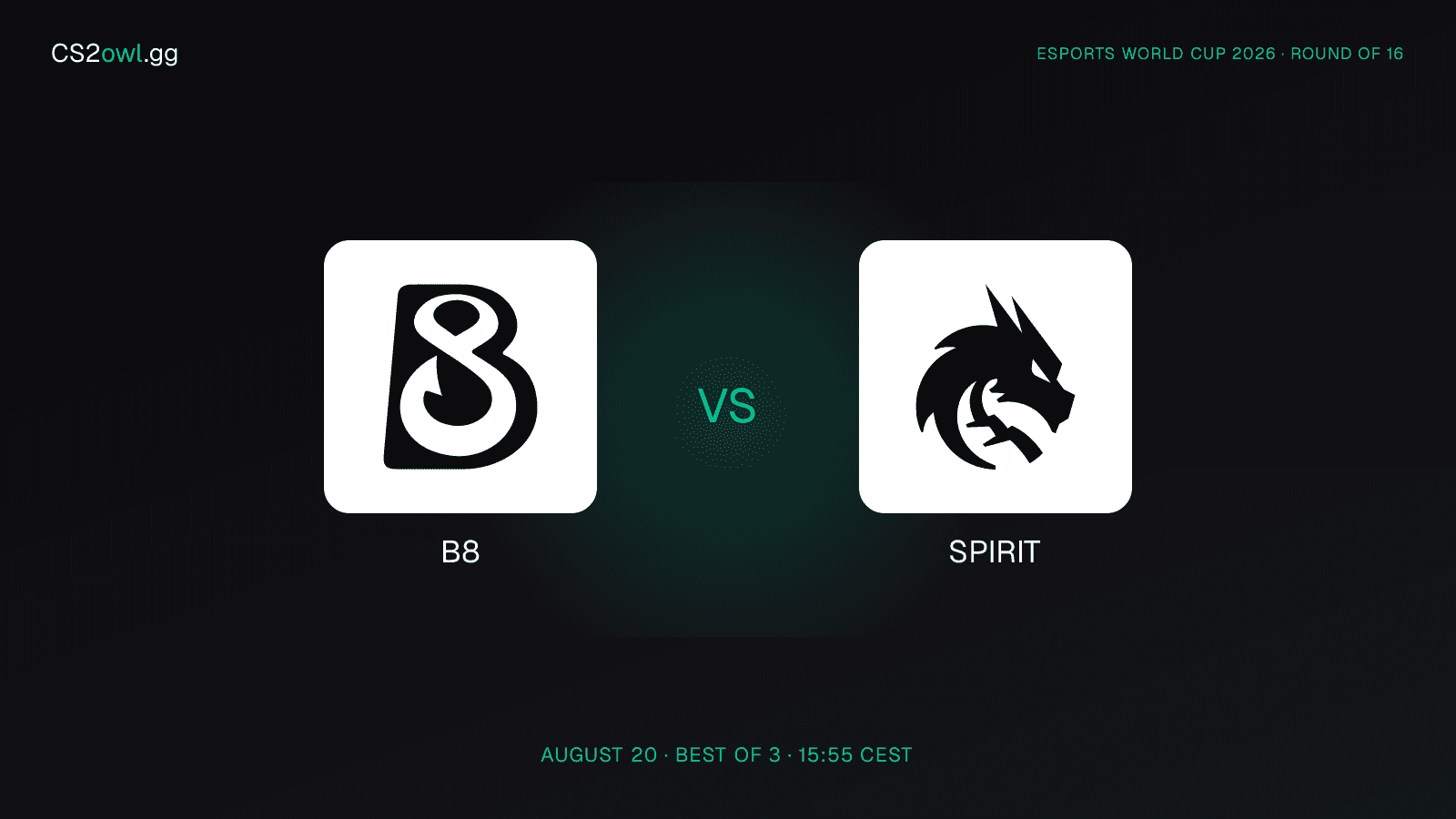 B8 vs Spirit — Esports World Cup 2026, Round of 16, August 20