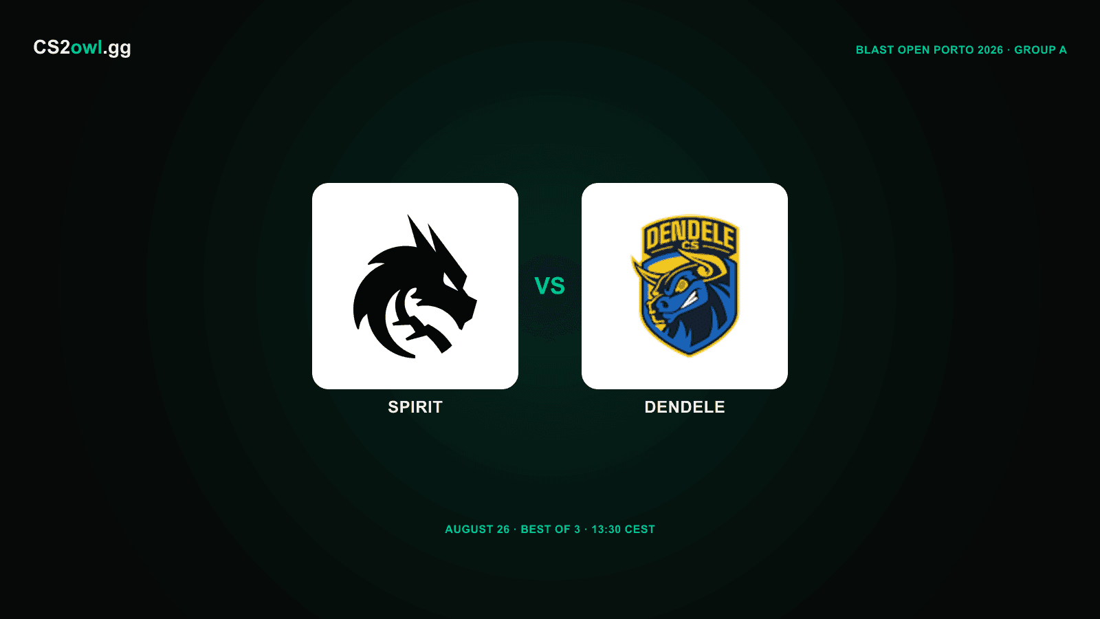 Spirit vs DENDELE — BLAST Open Porto 2026, Group A Opening Round, August 26